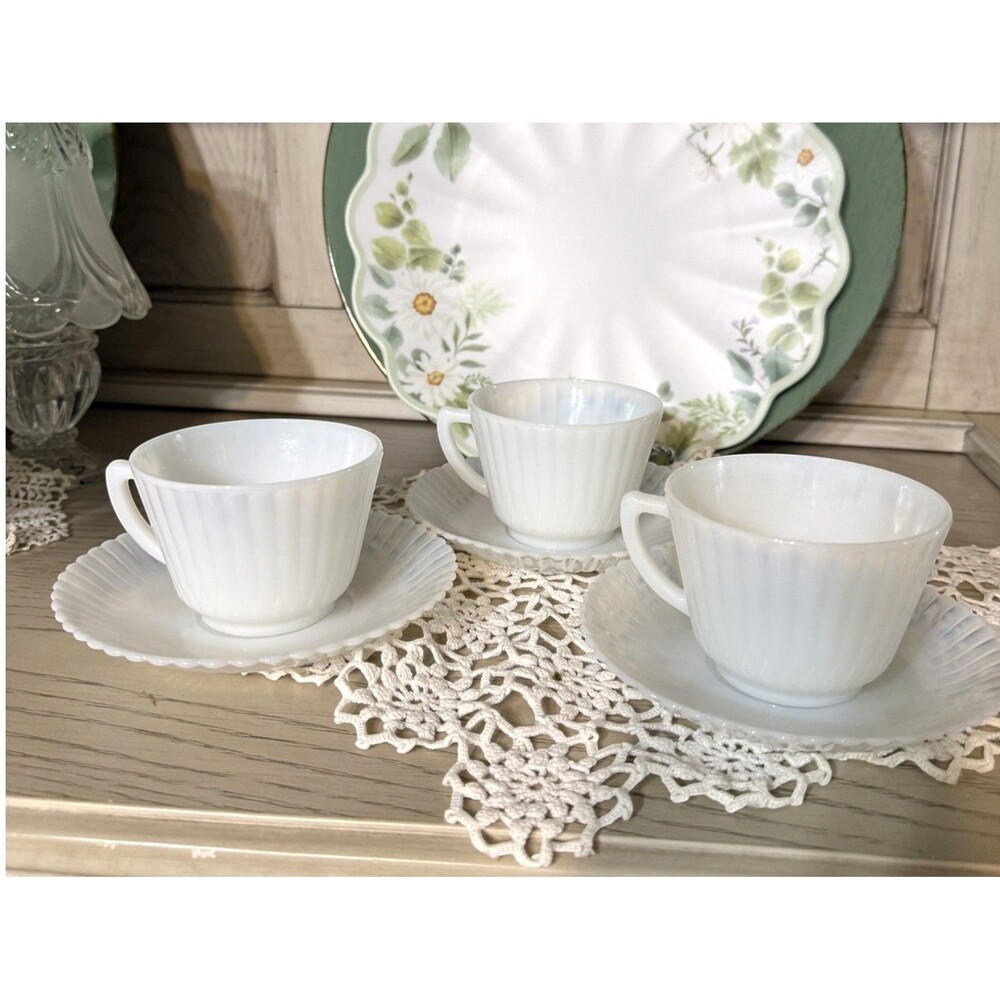 Milk Glass MacBeth Evans Tea Cups and Saucers Depressions Glass Opalescent